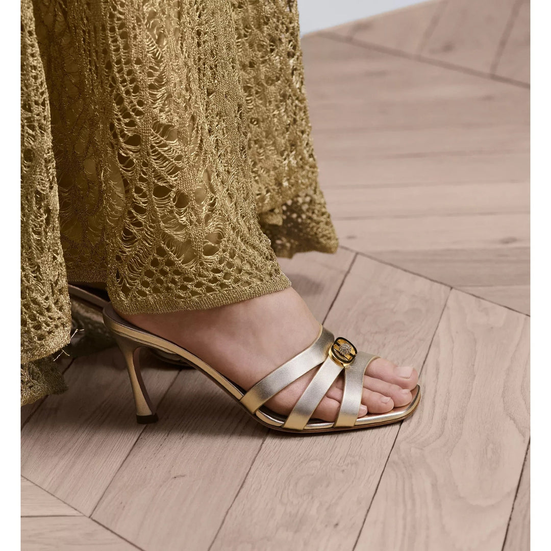 Dior Or 30M Gold Laminated Calf Leather Heeled Slides 80mm EU 39 US 9 NWOB $1185