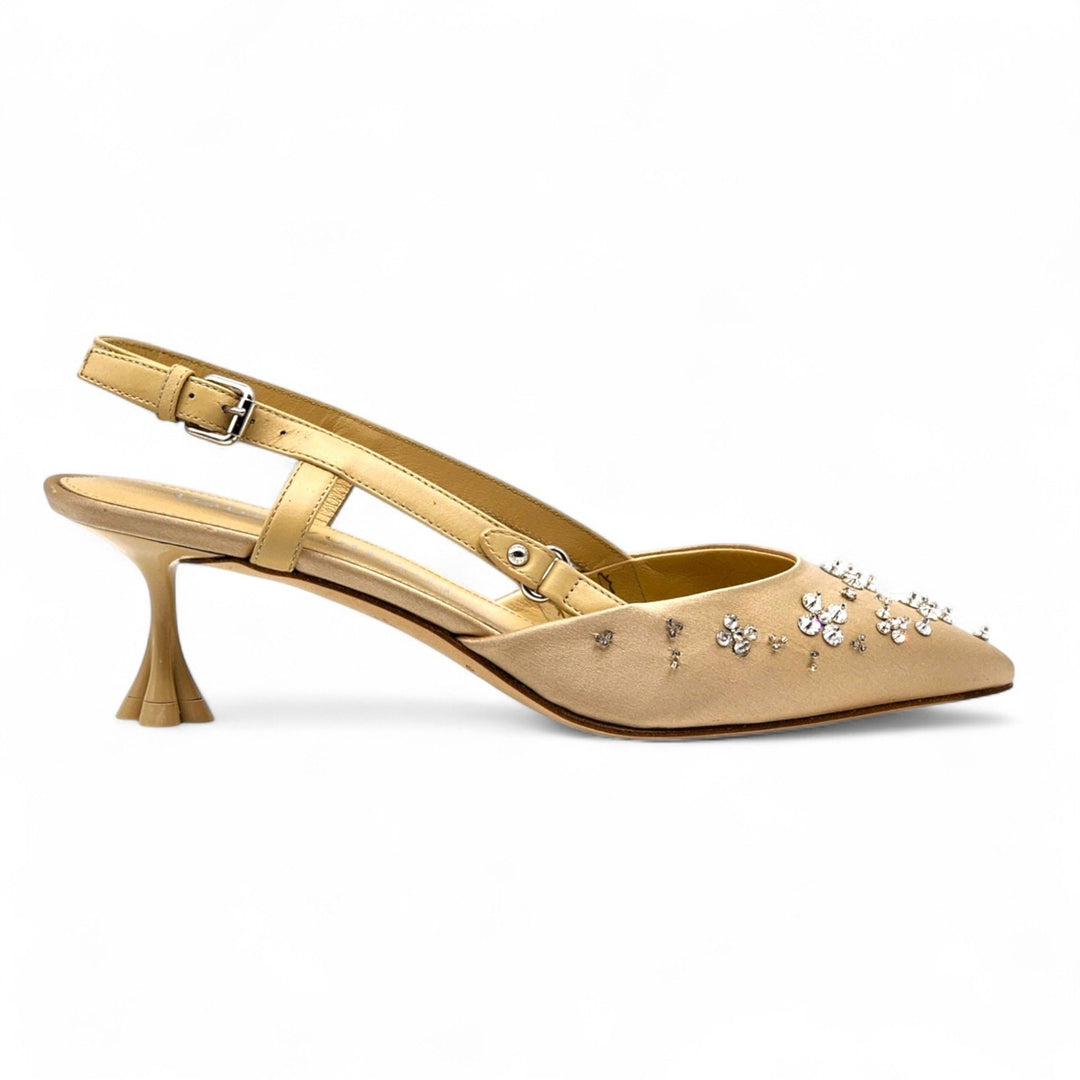 Louis Vuitton Mirage Blossom Slingback Heels Satin Crystals Gold EU 36 US 5.5