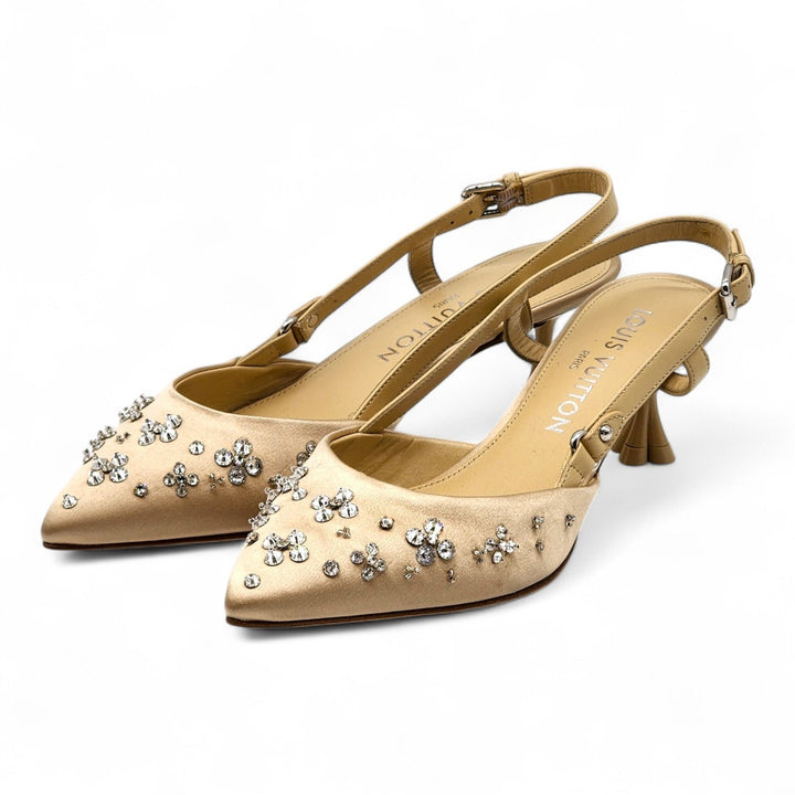Louis Vuitton Mirage Blossom Slingback Heels Satin Crystals Gold EU 36 US 5.5