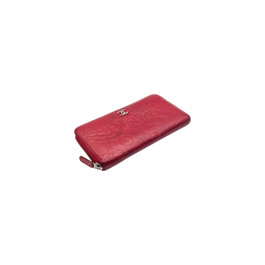 CHANEL Camellia Embossed Red Leather Zip Around Long Wallet Silver CC Logo 19