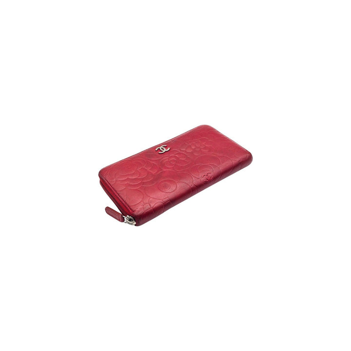 CHANEL Camellia Embossed Red Leather Zip Around Long Wallet Silver CC Logo 19