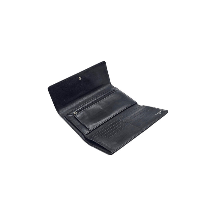 Chanel Timeless Classic Long Flap Trifold Wallet Black Caviar Leather Silver CC