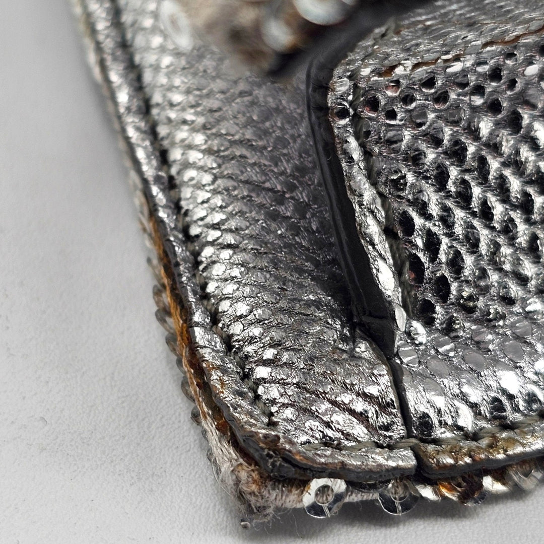 Tom Ford Silver Sequin Clutch With Chain Shoulder Strap with Zipper Detail