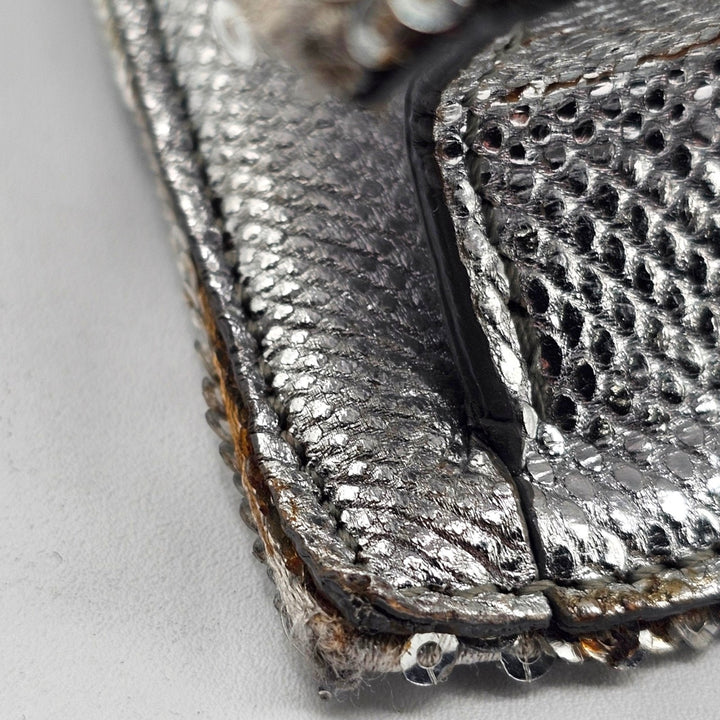 Tom Ford Silver Sequin Clutch With Chain Shoulder Strap with Zipper Detail