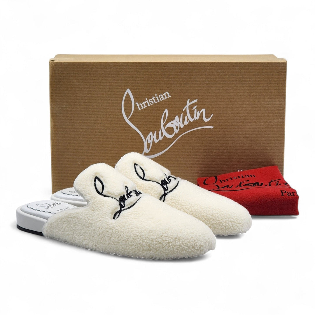 Christian Louboutin Navy Coolito Donna Flat White Boa Logo Mules EU 38 US 8