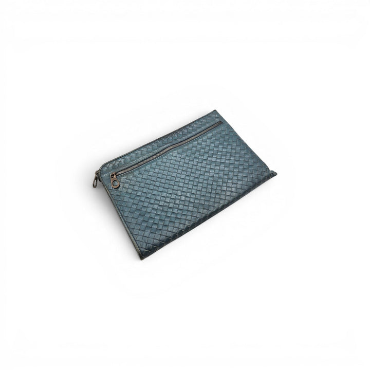 Bottega Veneta Intrecciato Woven Leather Clutch Bag Blue - Preowned