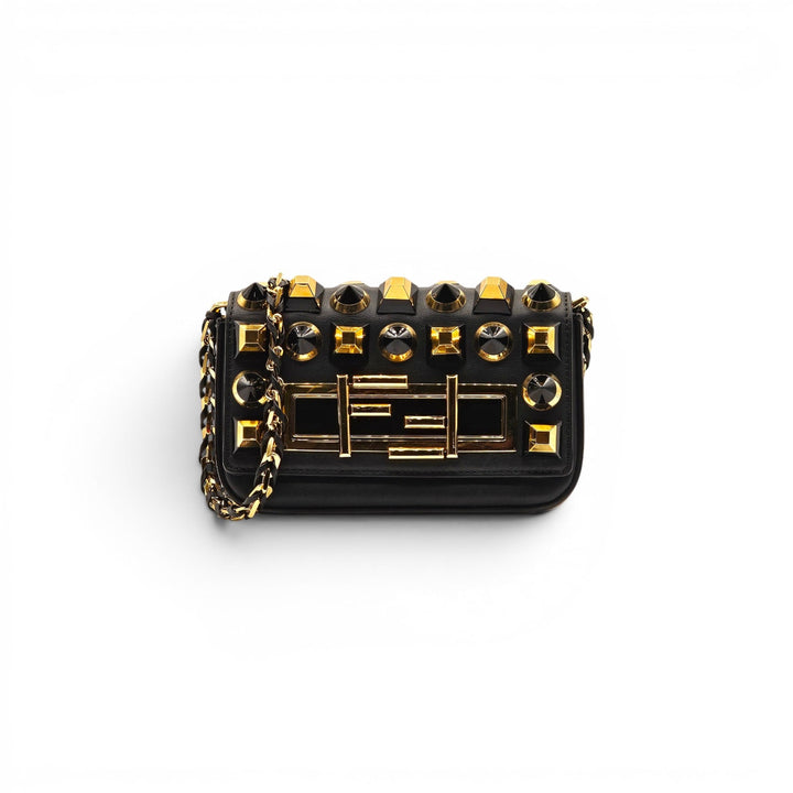 Fendi Studded Baguette Mini Crossbody Bag Black Gold