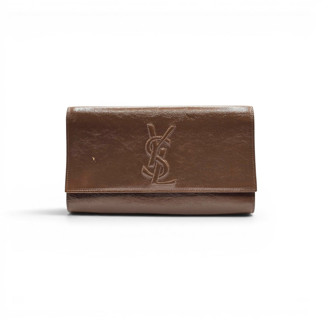 Yves Saint Laurent YSL Monogram Large Belle De Jour Clutch Brown Patent Leather