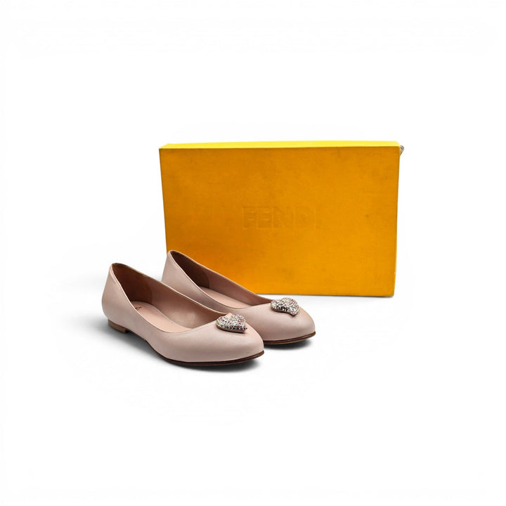 Fendi Women’s Ballet Flats Beige Leather with Crystal Hearts EU 37 US 7 - NWB