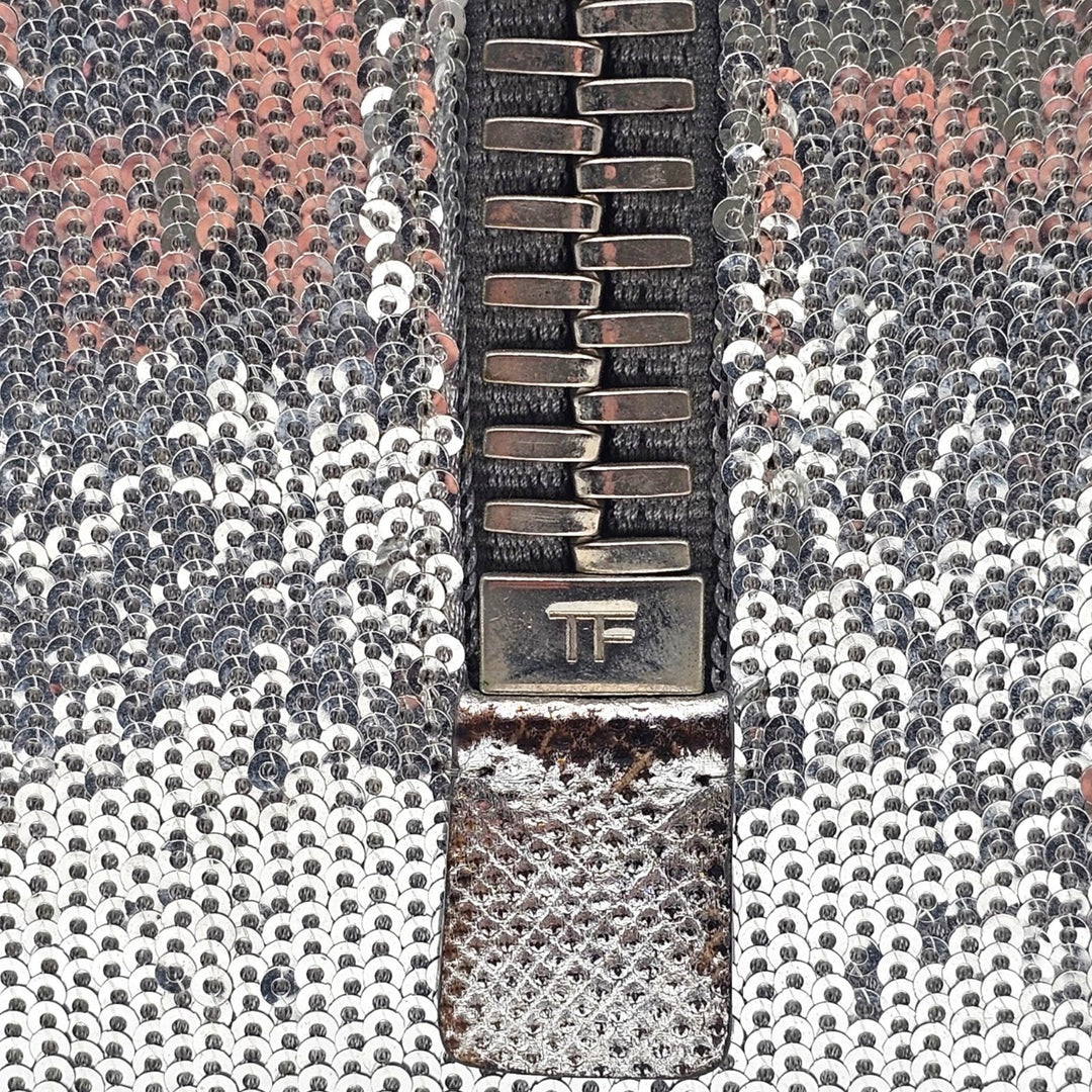 Tom Ford Silver Sequin Clutch With Chain Shoulder Strap with Zipper Detail