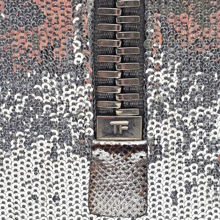 Tom Ford Silver Sequin Clutch With Chain Shoulder Strap with Zipper Detail
