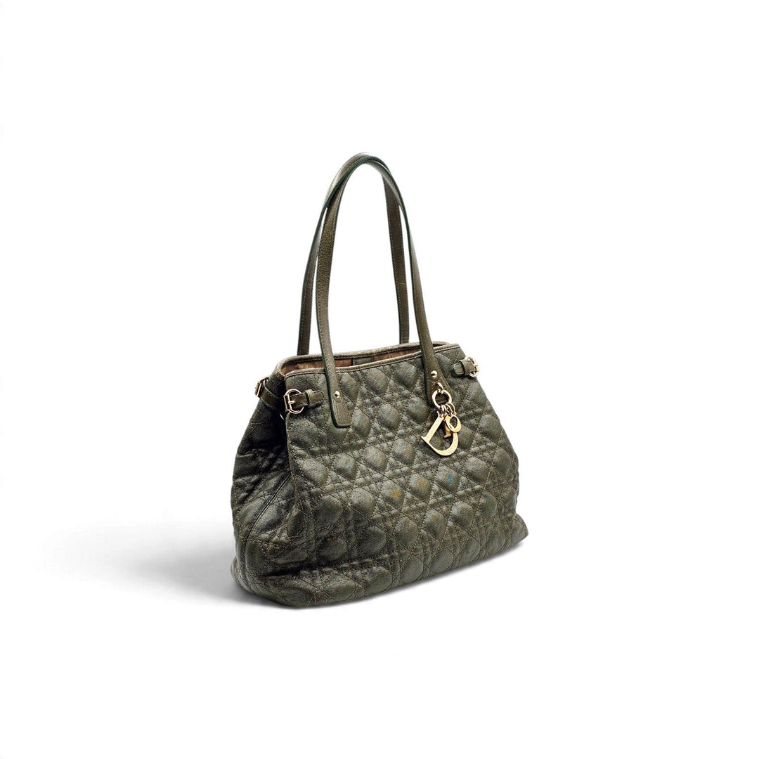 Christian Dior Medium Panarea Tote Olive Cannage Quilted Canvas Gold Charm