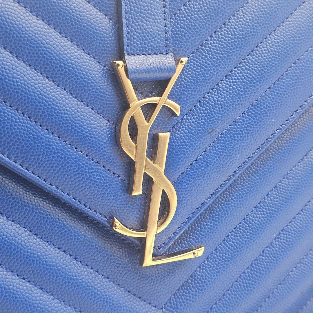 Saint Laurent Large Monogram Grain de Poudre Leather College Shoulder Bag Blue