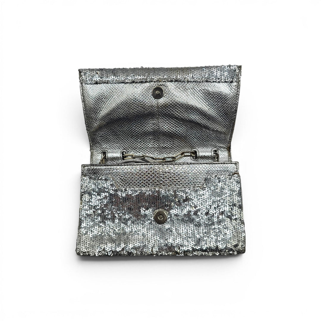 Tom Ford Silver Sequin Clutch With Chain Shoulder Strap with Zipper Detail