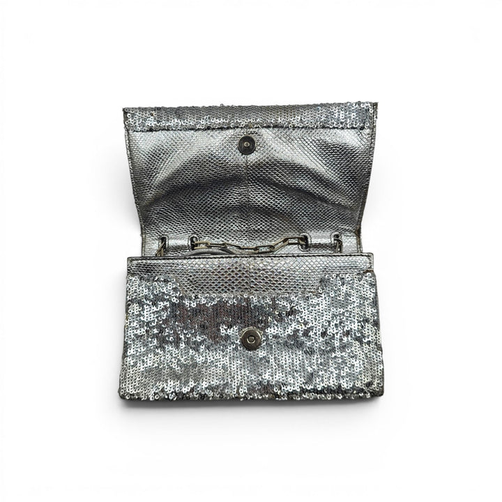 Tom Ford Silver Sequin Clutch With Chain Shoulder Strap with Zipper Detail