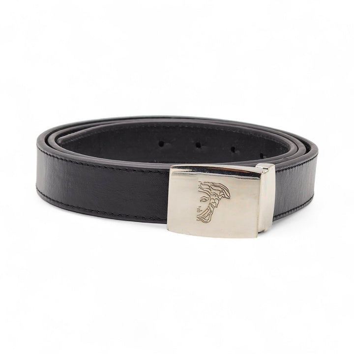 Versace Collection Men’s Leather Belt With Silver Medusa Head Buckle Black - New
