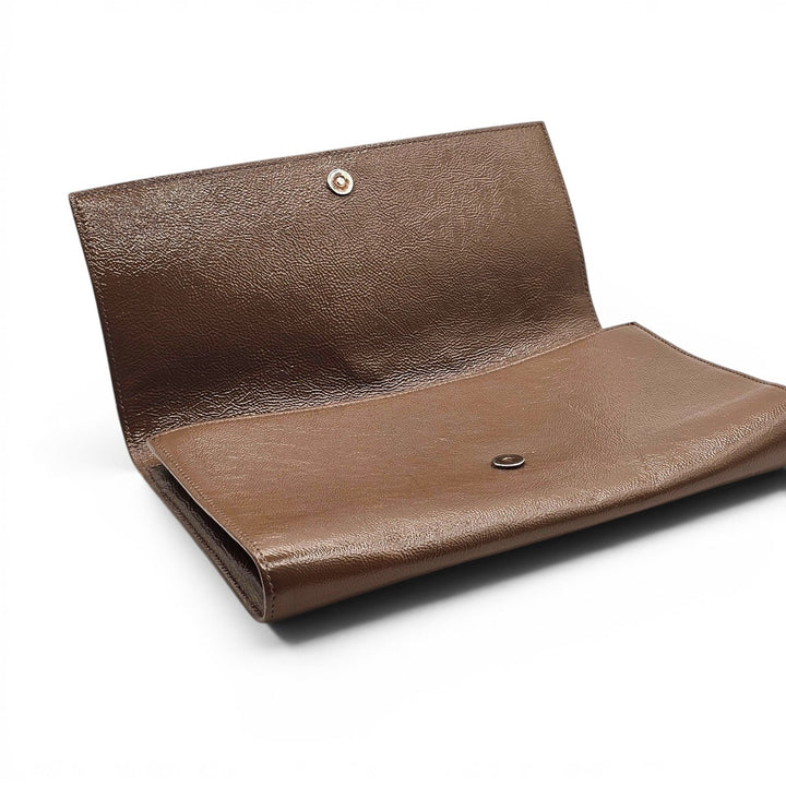 Yves Saint Laurent YSL Monogram Large Belle De Jour Clutch Brown Patent Leather