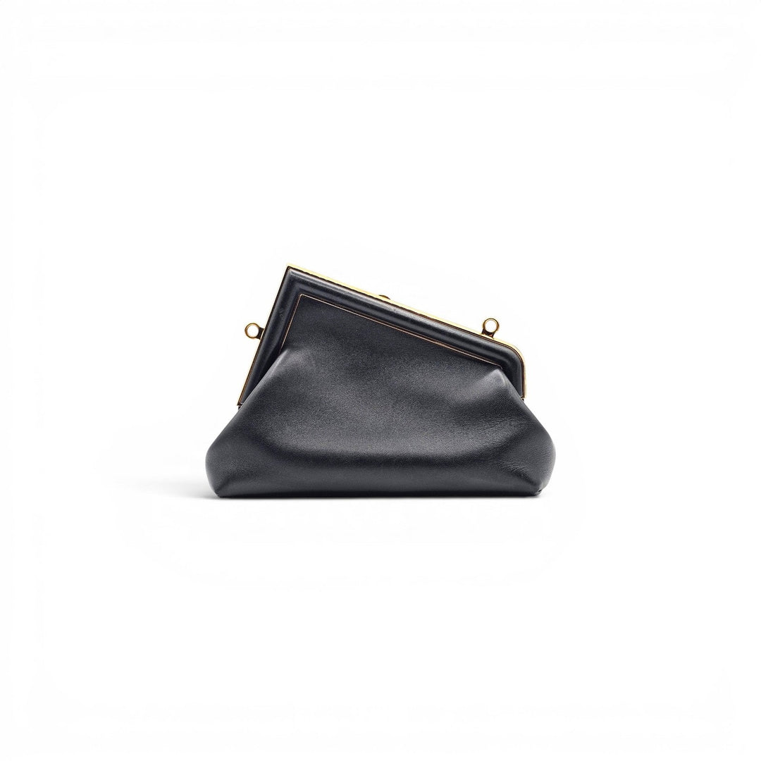 Fendi First Clutch Shoulder Bag Black Nappa Leather Gold Tone Frame