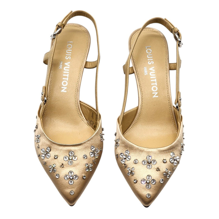 Louis Vuitton Mirage Blossom Slingback Heels Satin Crystals Gold EU 36 US 5.5