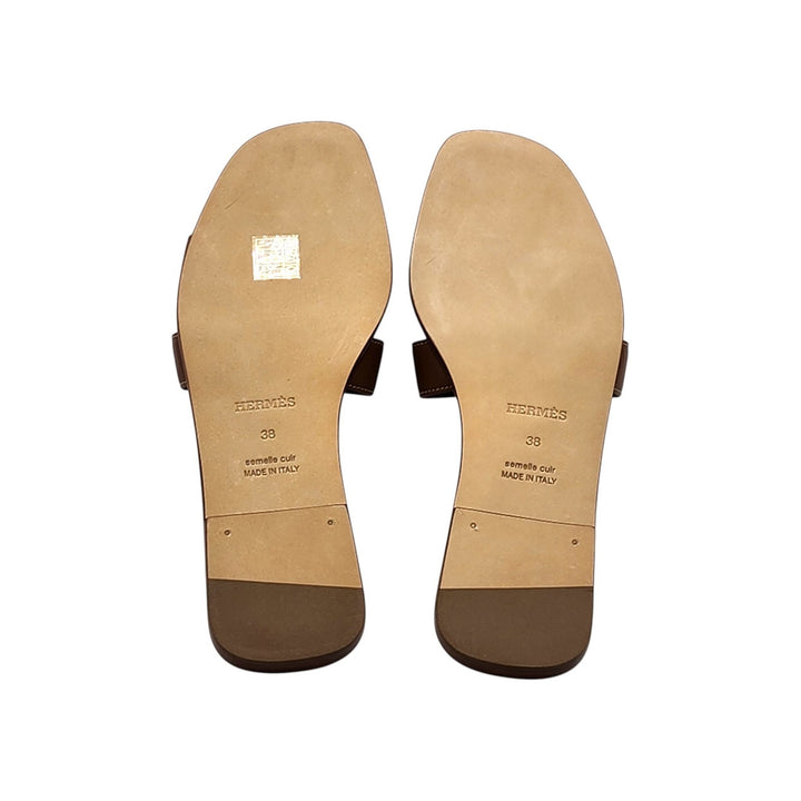 Hermes Oran Women's Leather Slide H Sandals Gold Brown EU 38 US 7.5 - New $840