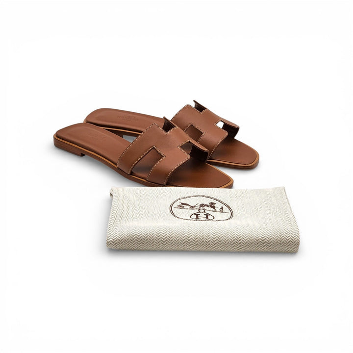 Hermes Oran Women's Leather Slide H Sandals Gold Brown EU 38 US 7.5 - New $840