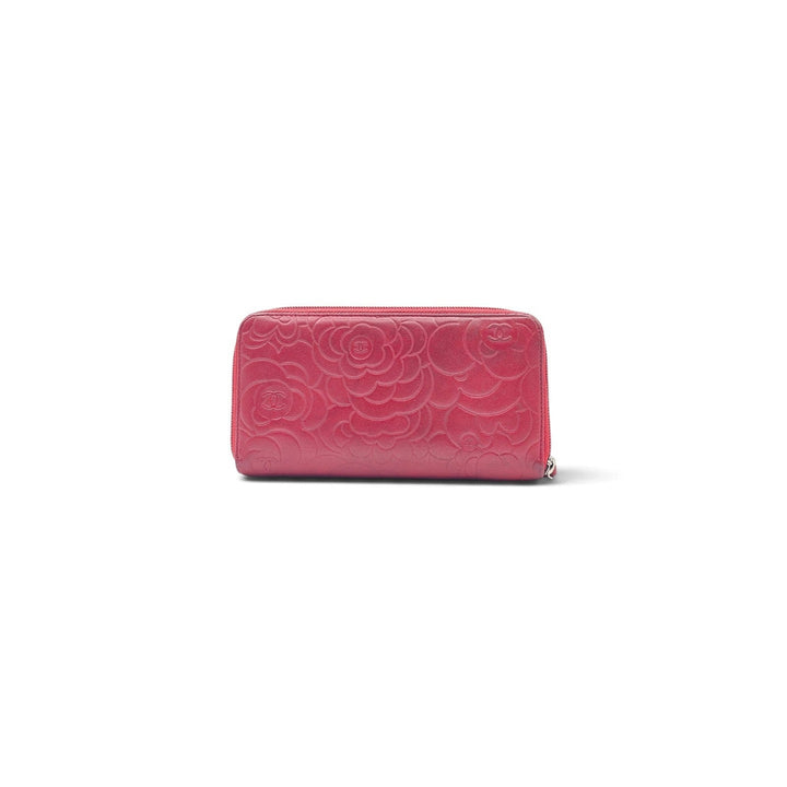 CHANEL Camellia Embossed Red Leather Zip Around Long Wallet Silver CC Logo 19