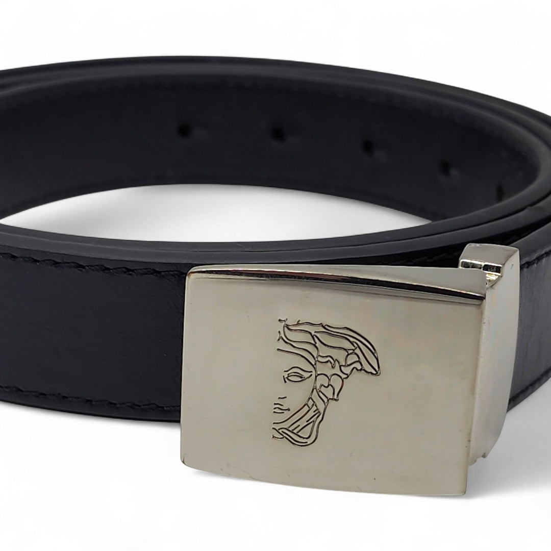 Versace Collection Men’s Leather Belt With Silver Medusa Head Buckle Black - New