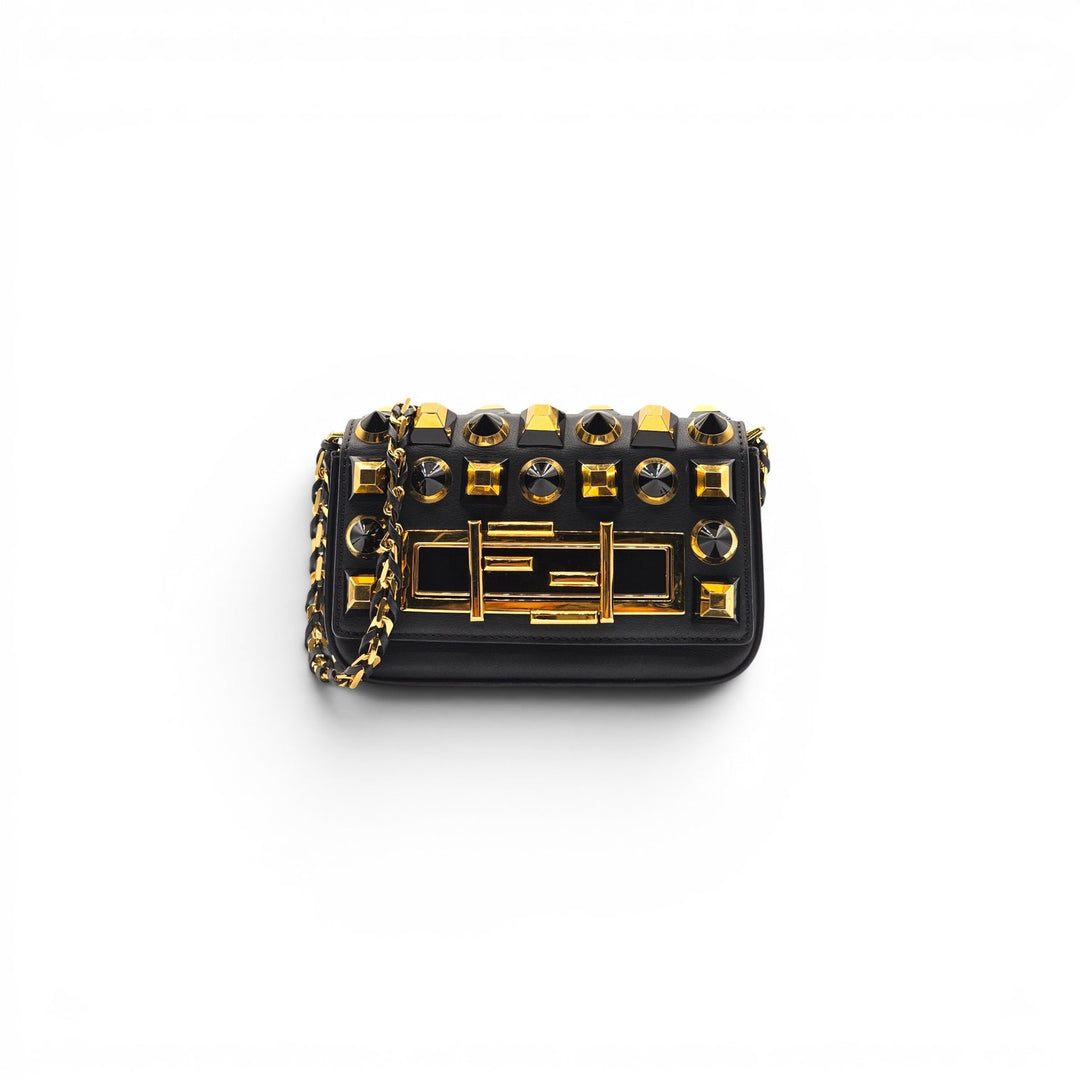 Fendi Studded Baguette Mini Crossbody Bag Black Gold