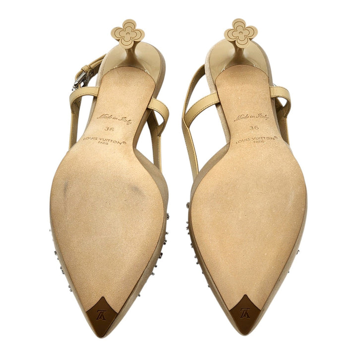 Louis Vuitton Mirage Blossom Slingback Heels Satin Crystals Gold EU 36 US 5.5