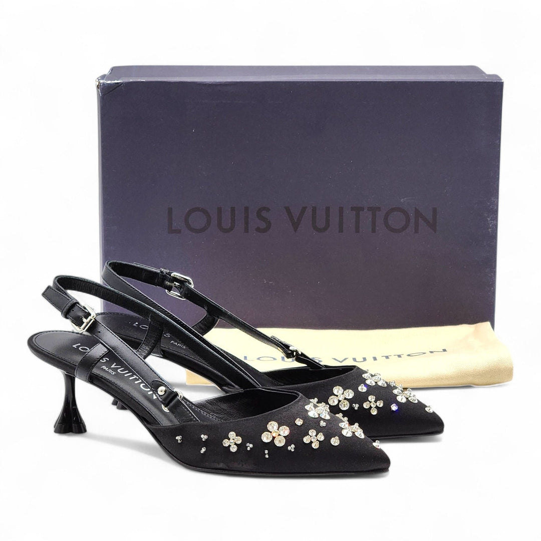 Louis Vuitton Mirage Blossom Slingback Heels Satin Crystals Black EU 36 US 5.5
