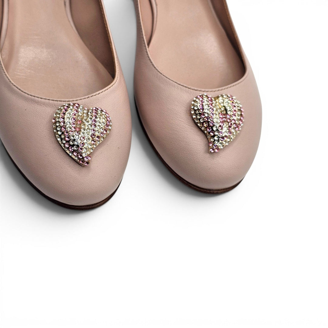 Fendi Women’s Ballet Flats Beige Leather with Crystal Hearts EU 37 US 7 - NWB