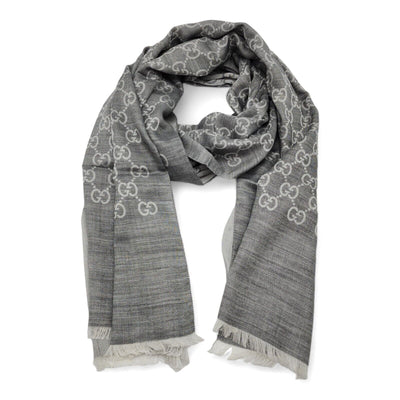 Gucci GG Monogram Fringe Scarf/Shawl - Wool Silk - Gray