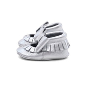 Mary Jane Leather Baby Moccasins Silver