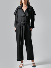 Long Sleeve Belted Black Linen Jumpsuit