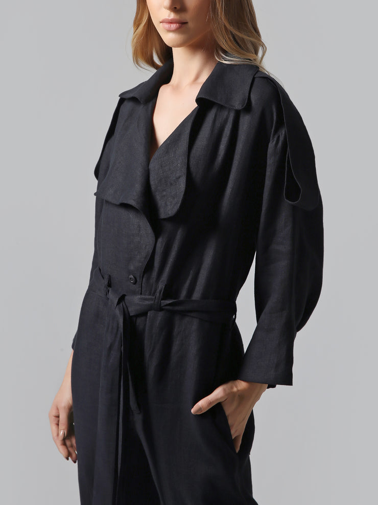 Long Sleeve Belted Black Linen Jumpsuit