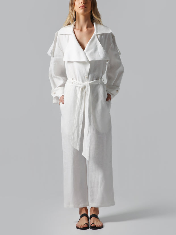 Long Sleeve Belted White Linen Jumpsuit