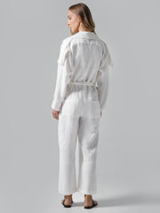 Long Sleeve Belted White Linen Jumpsuit